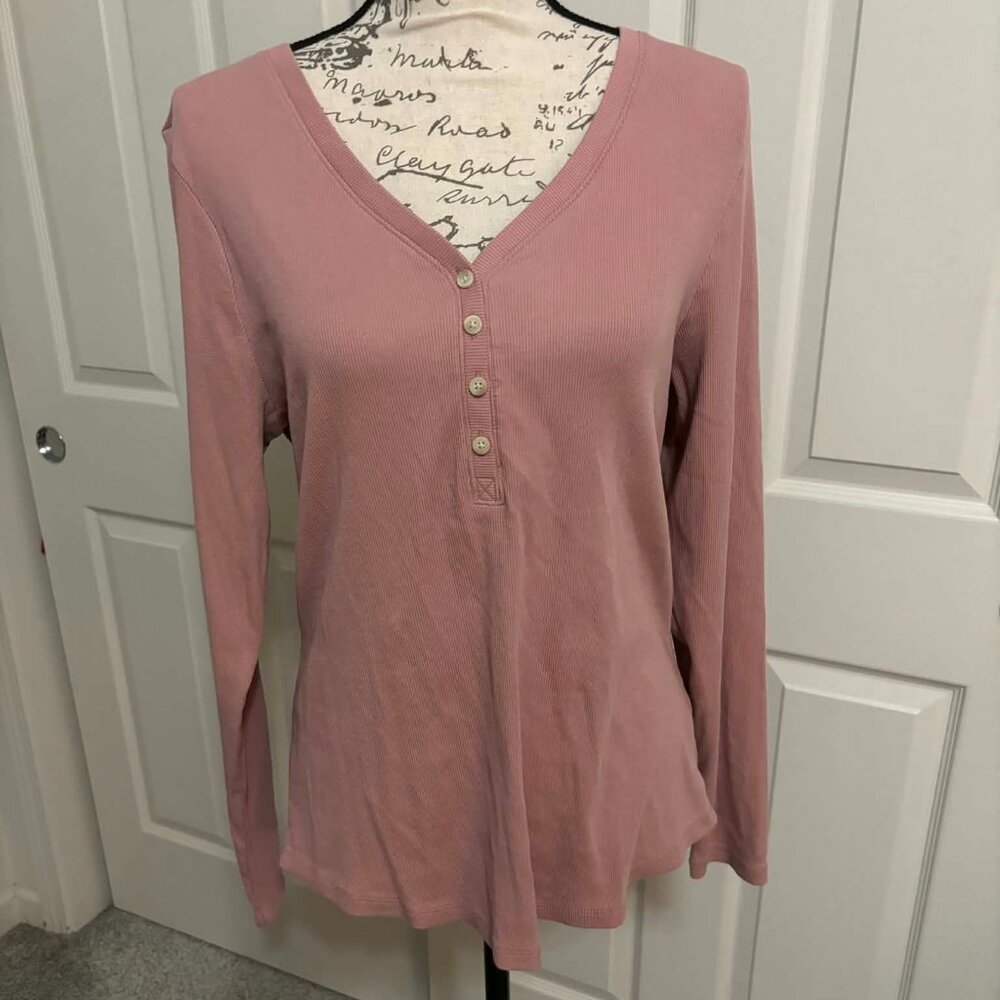 Women's Like New Pink Henley Ribbed Top